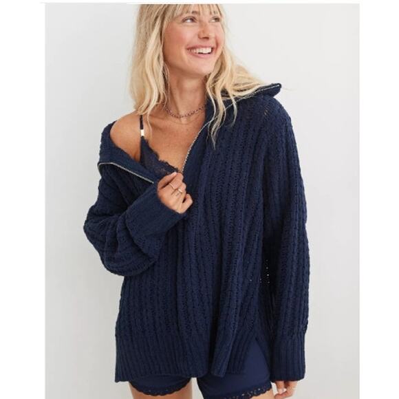 Aerie Cable Car Quarter Zip Sweater Navy Blue Cozy Oversized XXS‎ - Picture 1 of 13